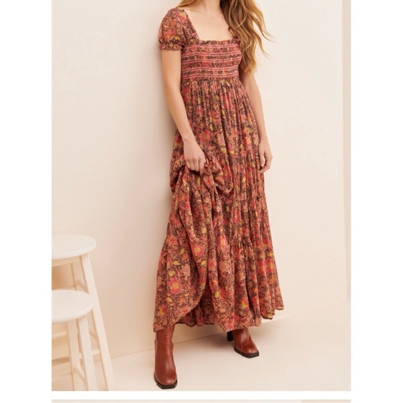 Free People Brown and Orange Smocked Tiered Maxi Dress Size M pre-owned. - Picture 2 of 8